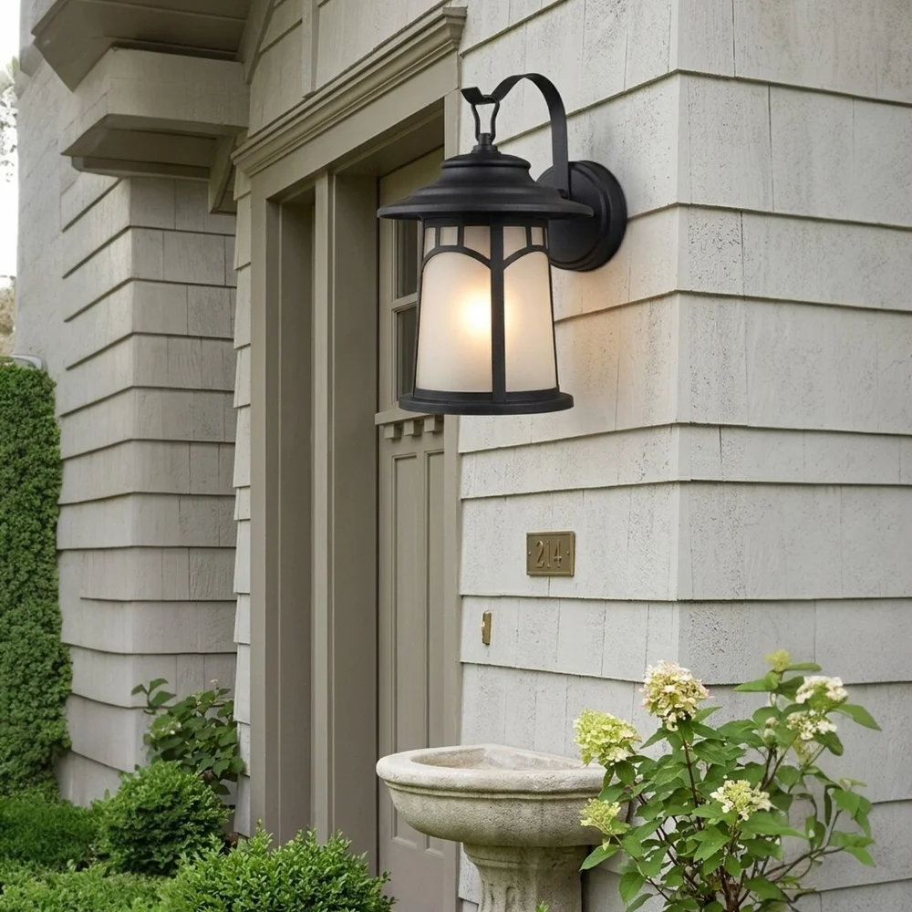 Modern Craftsman Outdoor Wall Lantern Sconce - Frosted Glass & Black Finish